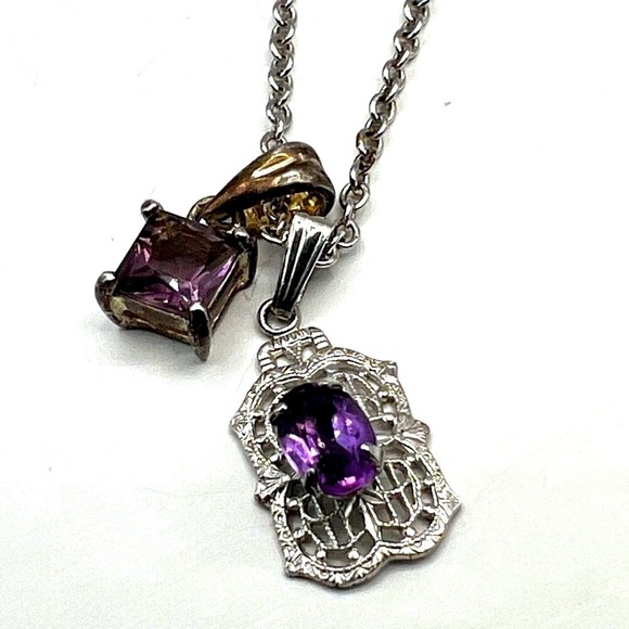 Sterling Silver & Amethyst Necklace With Double Pendants.  B26 - Picture 3 of 11